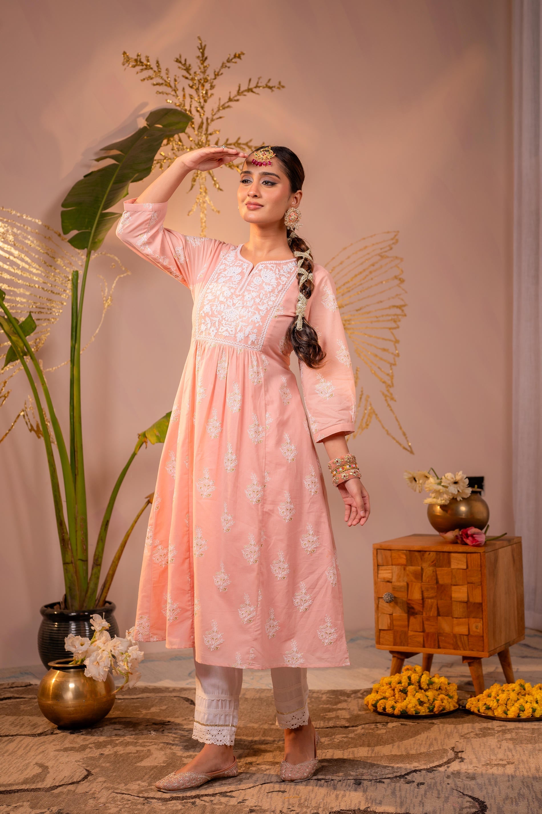 Juniper Gulnaar Peach Embroidered Kurta | Grocsy