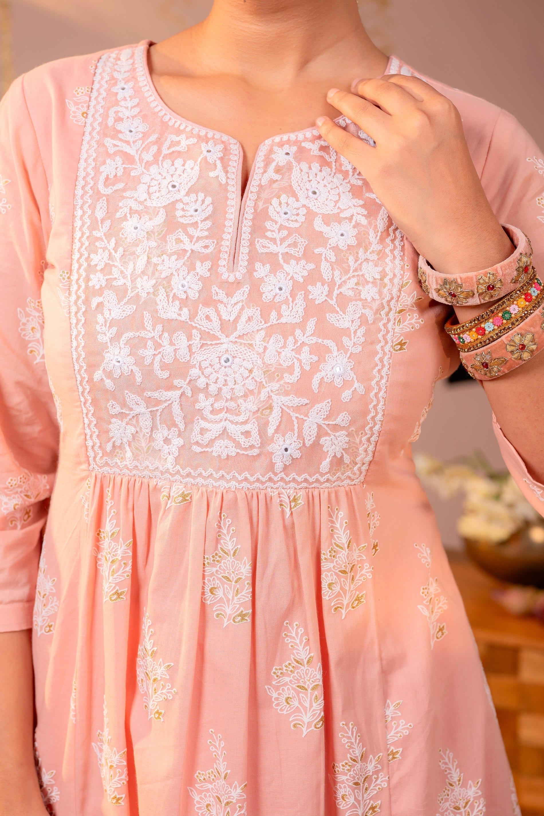 Juniper Gulnaar Peach Embroidered Kurta | Grocsy