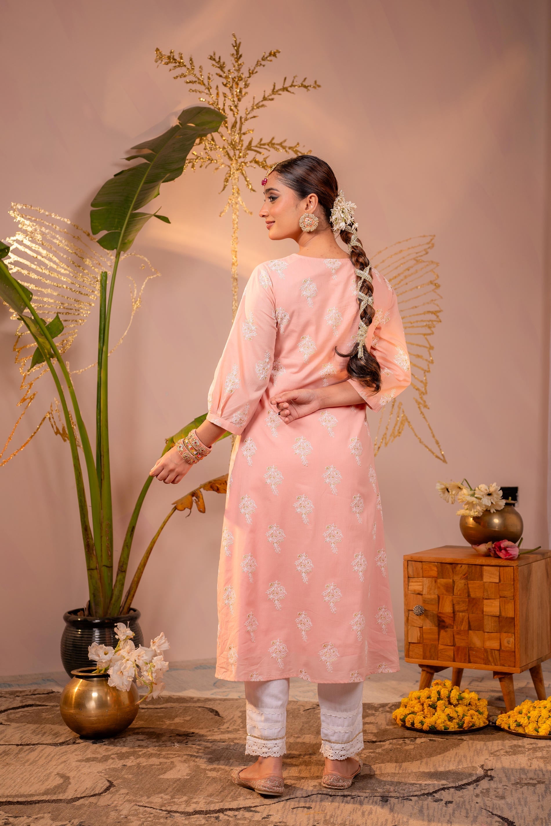 Juniper Gulnaar Peach Embroidered Kurta | Grocsy