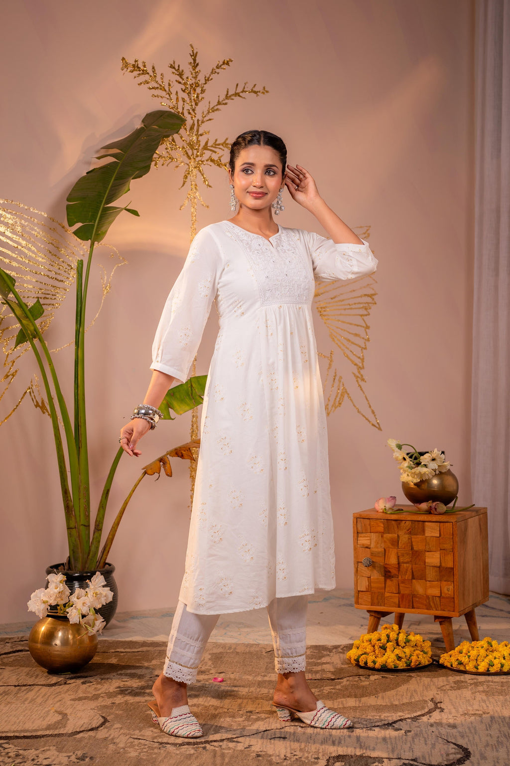 Juniper Cotton White Embroidered Kurta | Grocsy