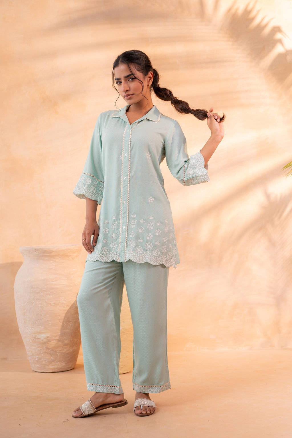 Juniper SageGreen Schiffli Lounge Co-Ord | Grocsy