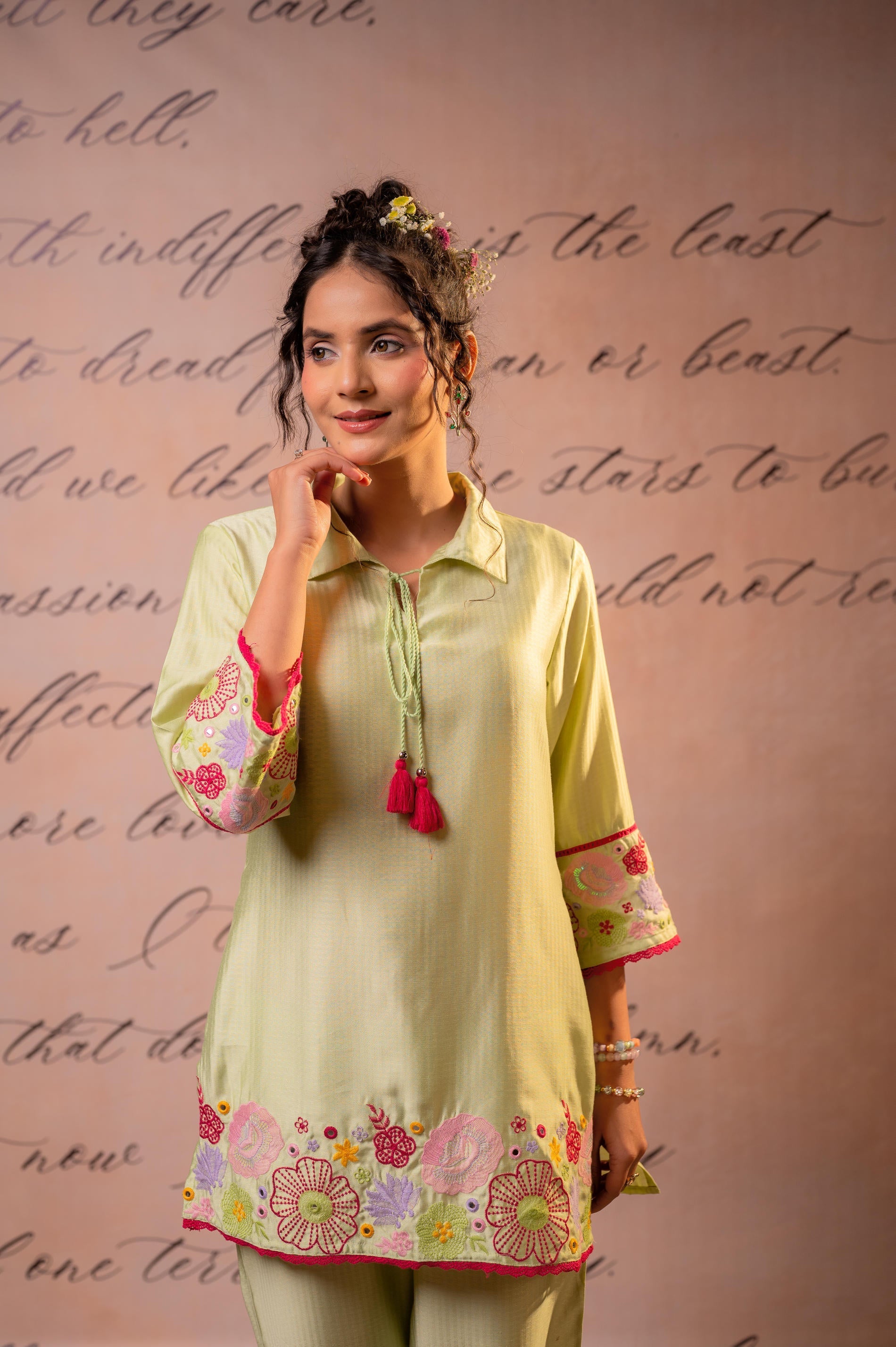 Juniper SageGreen Bloom Tassel Kurta Co-Ord | Grocsy