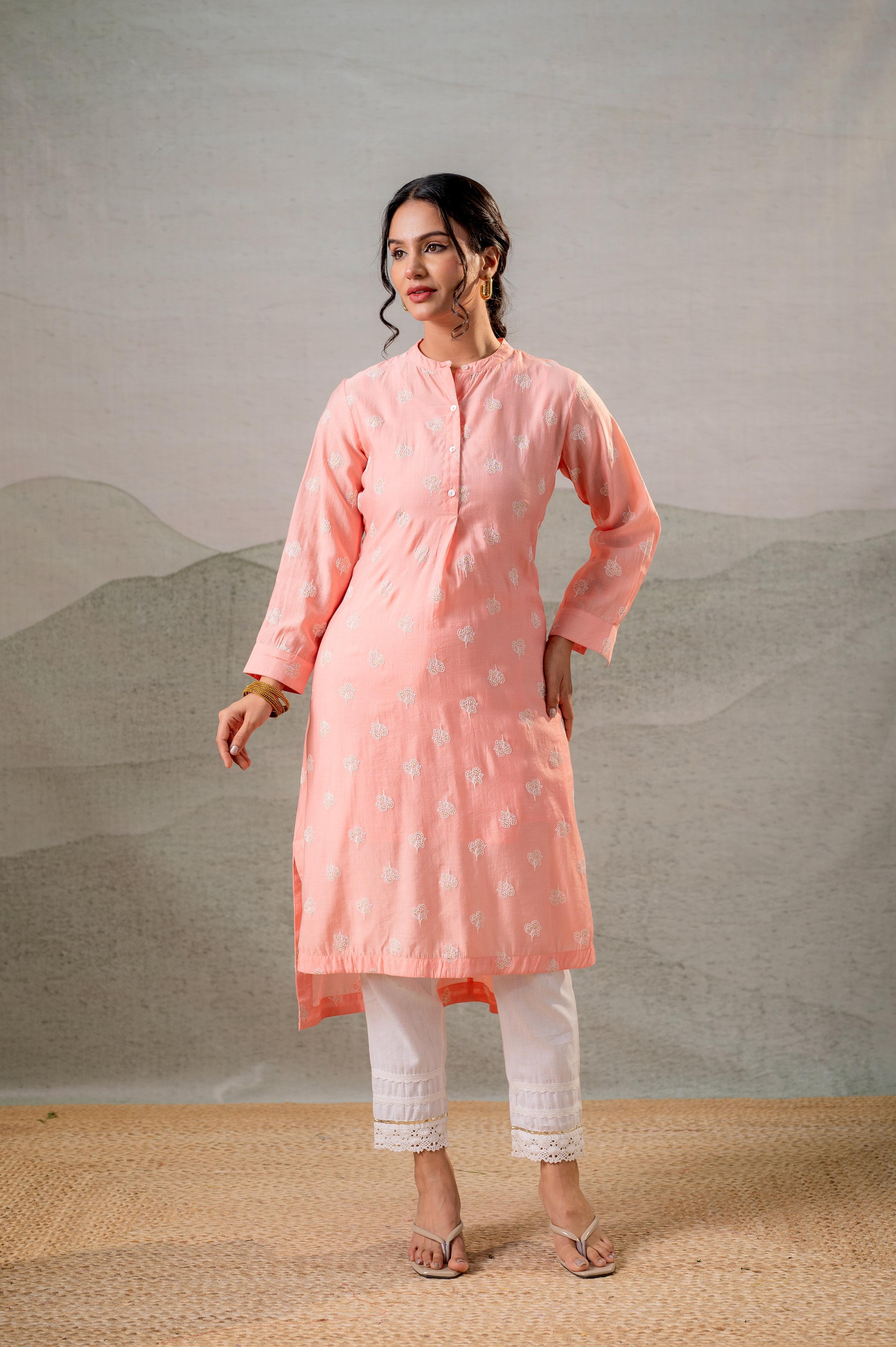 Juniper Peach Embroidered Kurta | Grocsy