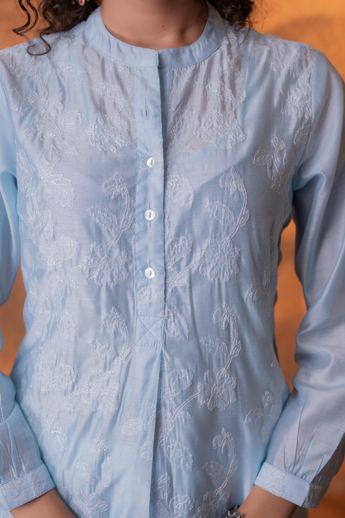 Juniper Neelara Powder Blue Foil Print Kurta | Grocsy