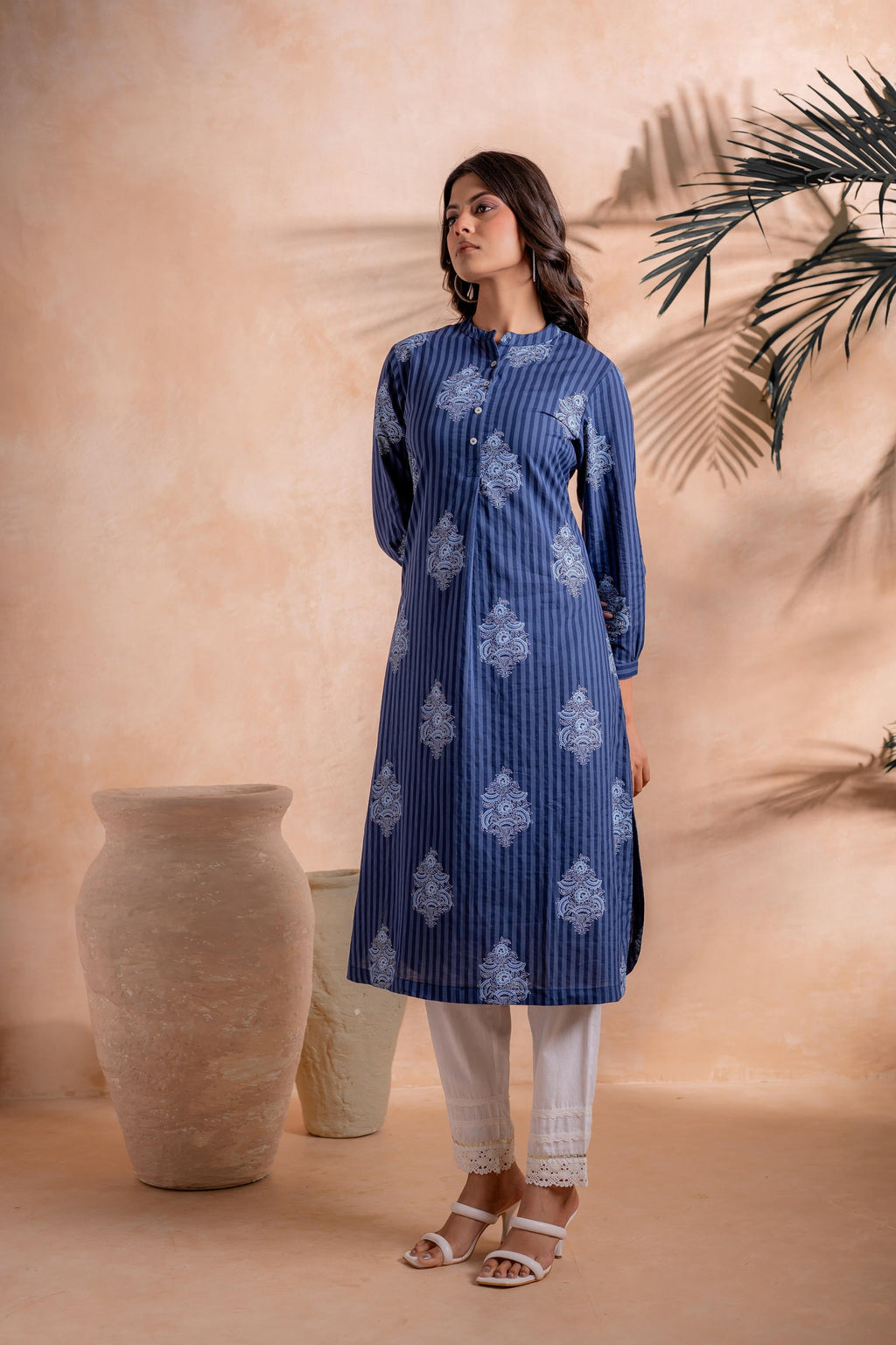Juniper Indigo Stripe Motif Heritage Kurta | Grocsy