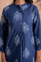Juniper Indigo Stripe Motif Heritage Kurta | Grocsy