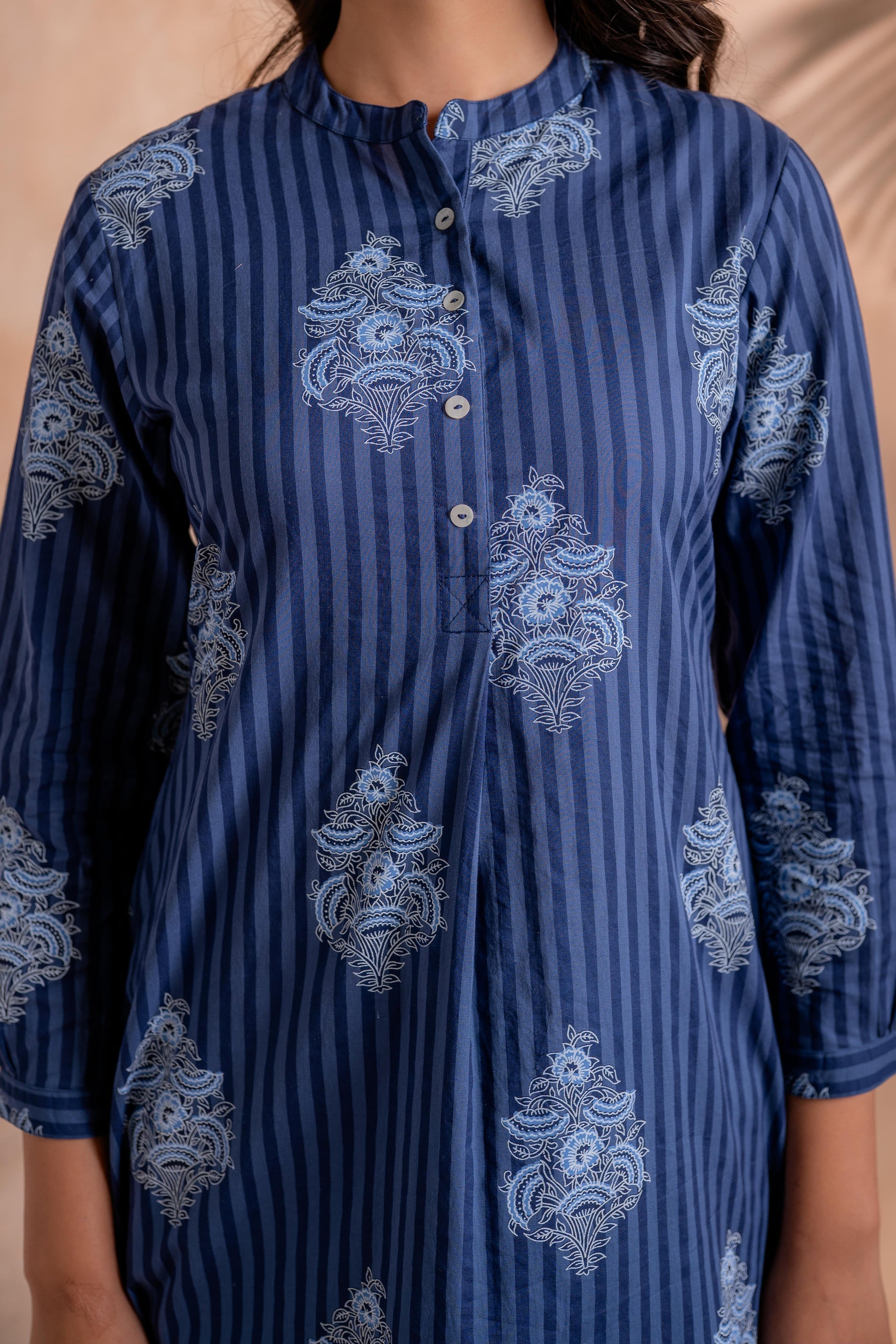 Juniper Indigo Stripe Motif Heritage Kurta | Grocsy