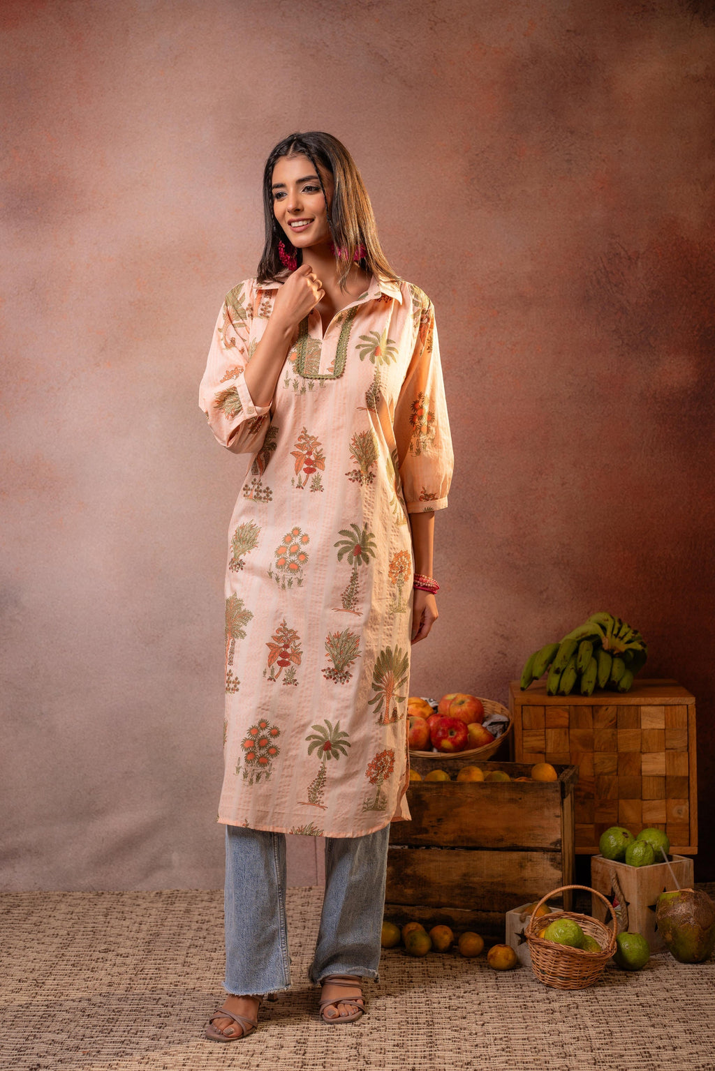 Juniper Peach Palm Motif Kurta | Grocsy