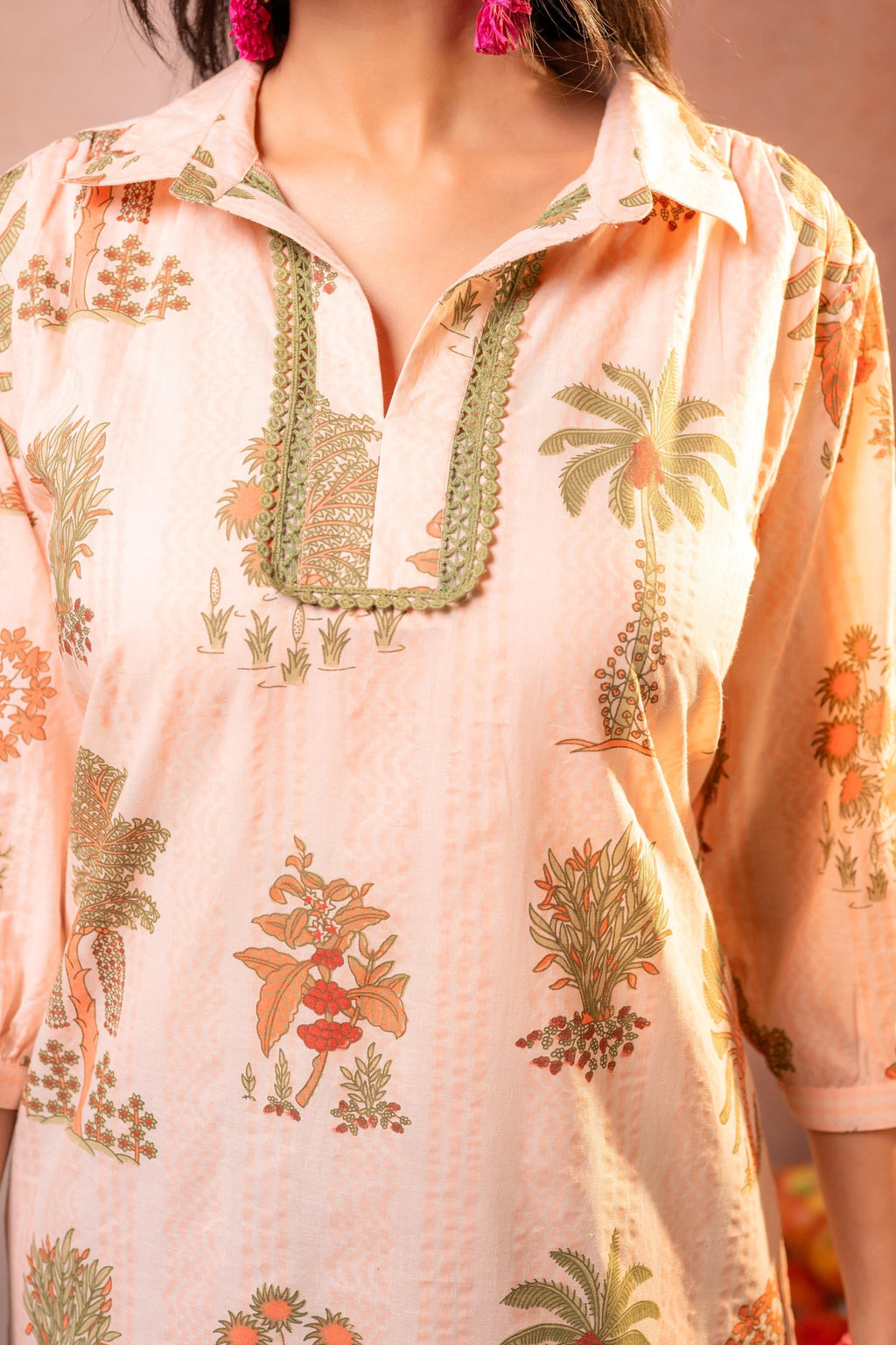 Juniper Peach Palm Motif Kurta | Grocsy