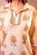 Juniper Peach Palm Motif Kurta | Grocsy