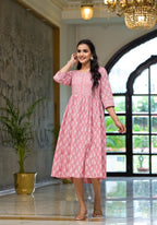 Juniper Pink Ethnic Motif Printed Cotton Short Dress with Button & Lace | Grocsy