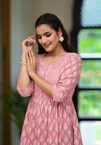Juniper Pink Ethnic Motif Printed Cotton Short Dress with Button & Lace | Grocsy
