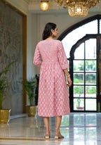 Juniper Pink Ethnic Motif Printed Cotton Short Dress with Button & Lace | Grocsy