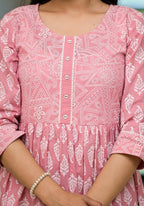 Juniper Pink Ethnic Motif Printed Cotton Short Dress with Button & Lace | Grocsy