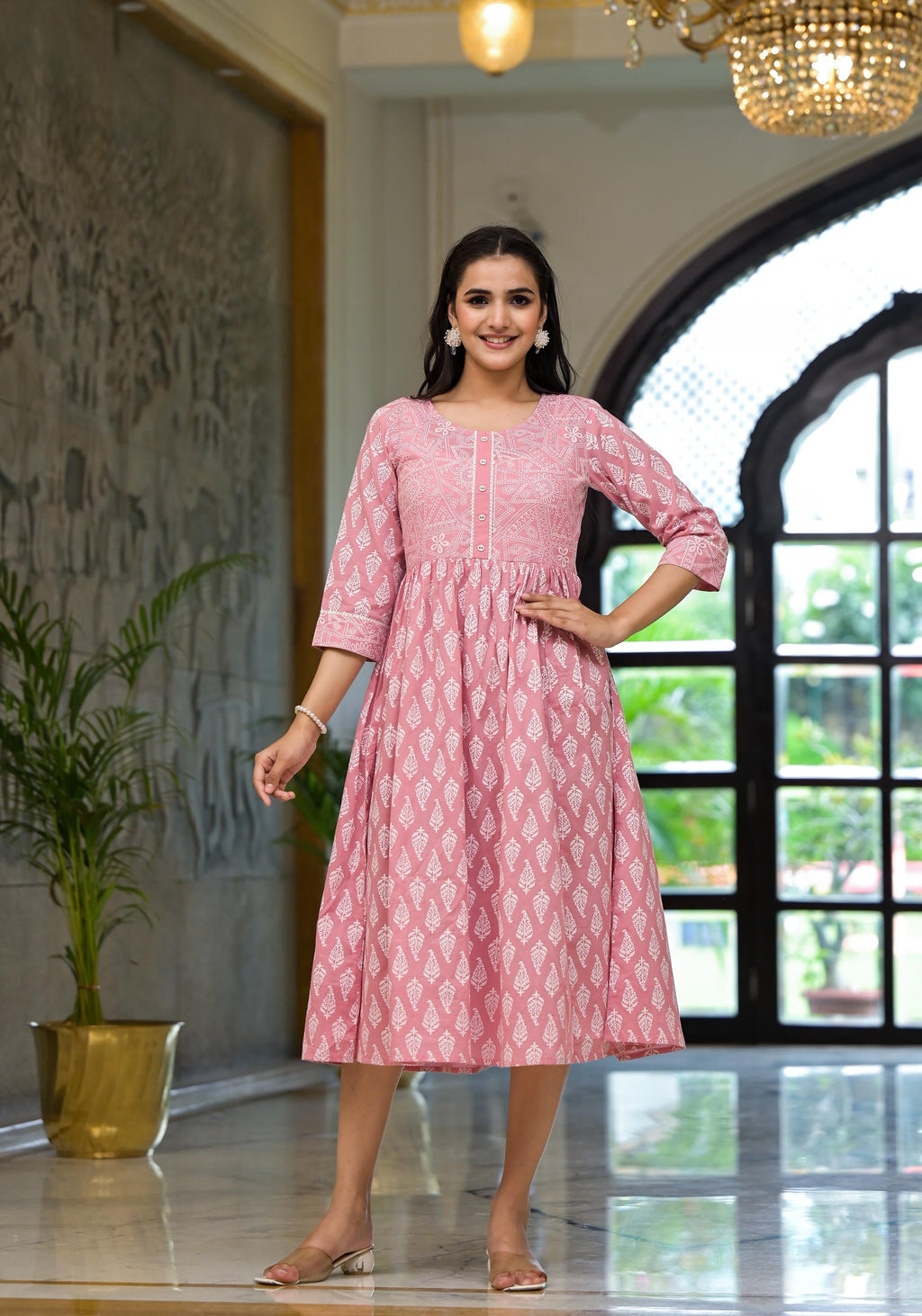 Juniper Pink Ethnic Motif Printed Cotton Short Dress with Button & Lace | Grocsy