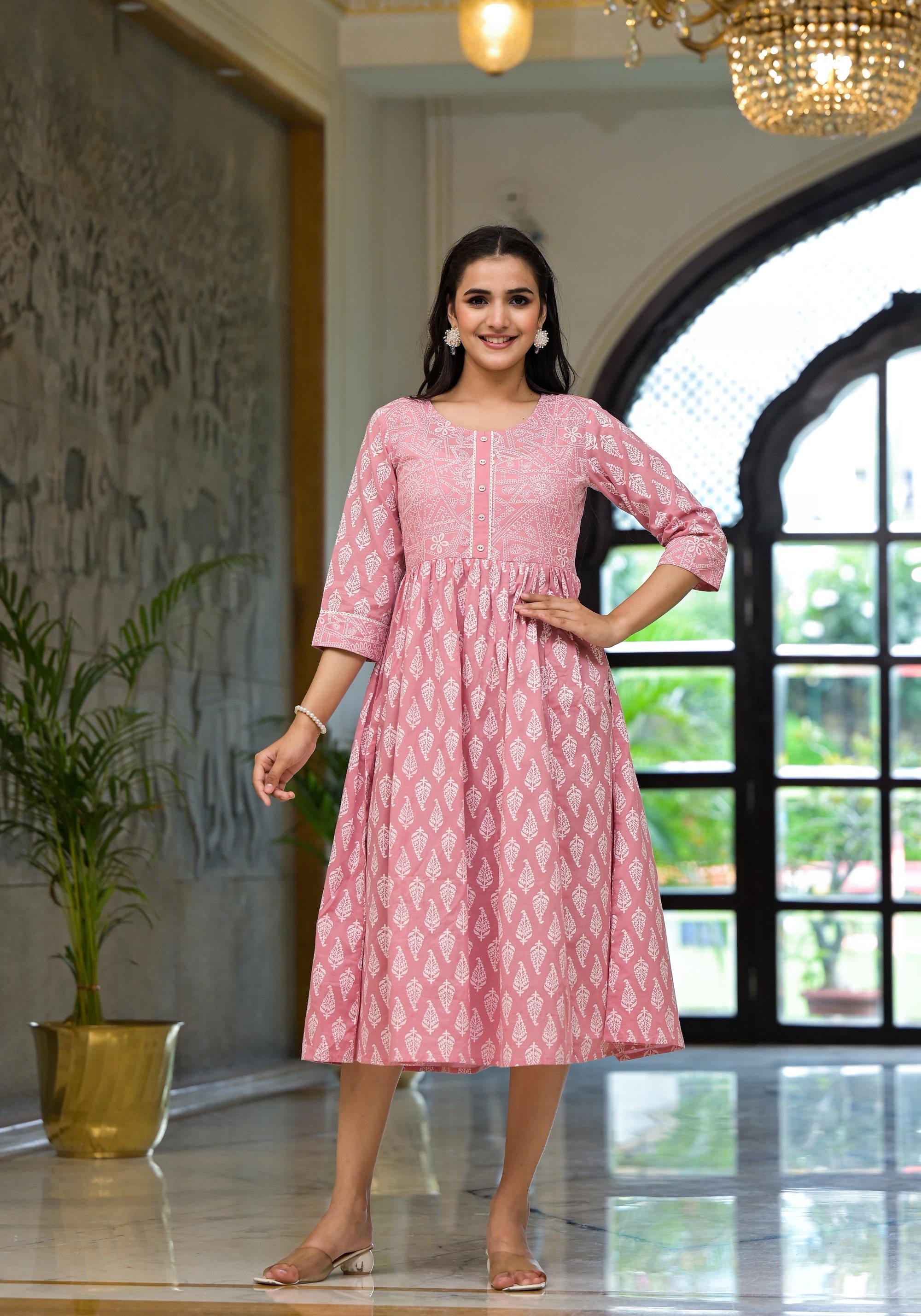 Juniper Pink Ethnic Motif Printed Cotton Short Dress with Button & Lace | Grocsy