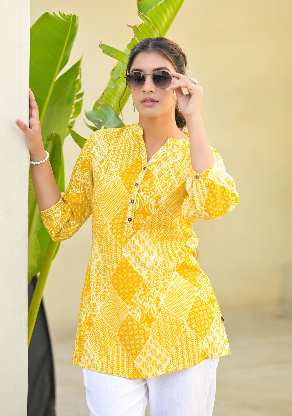 Juniper Mustard Ethnic Motif Printed Tunic With Button | Grocsy