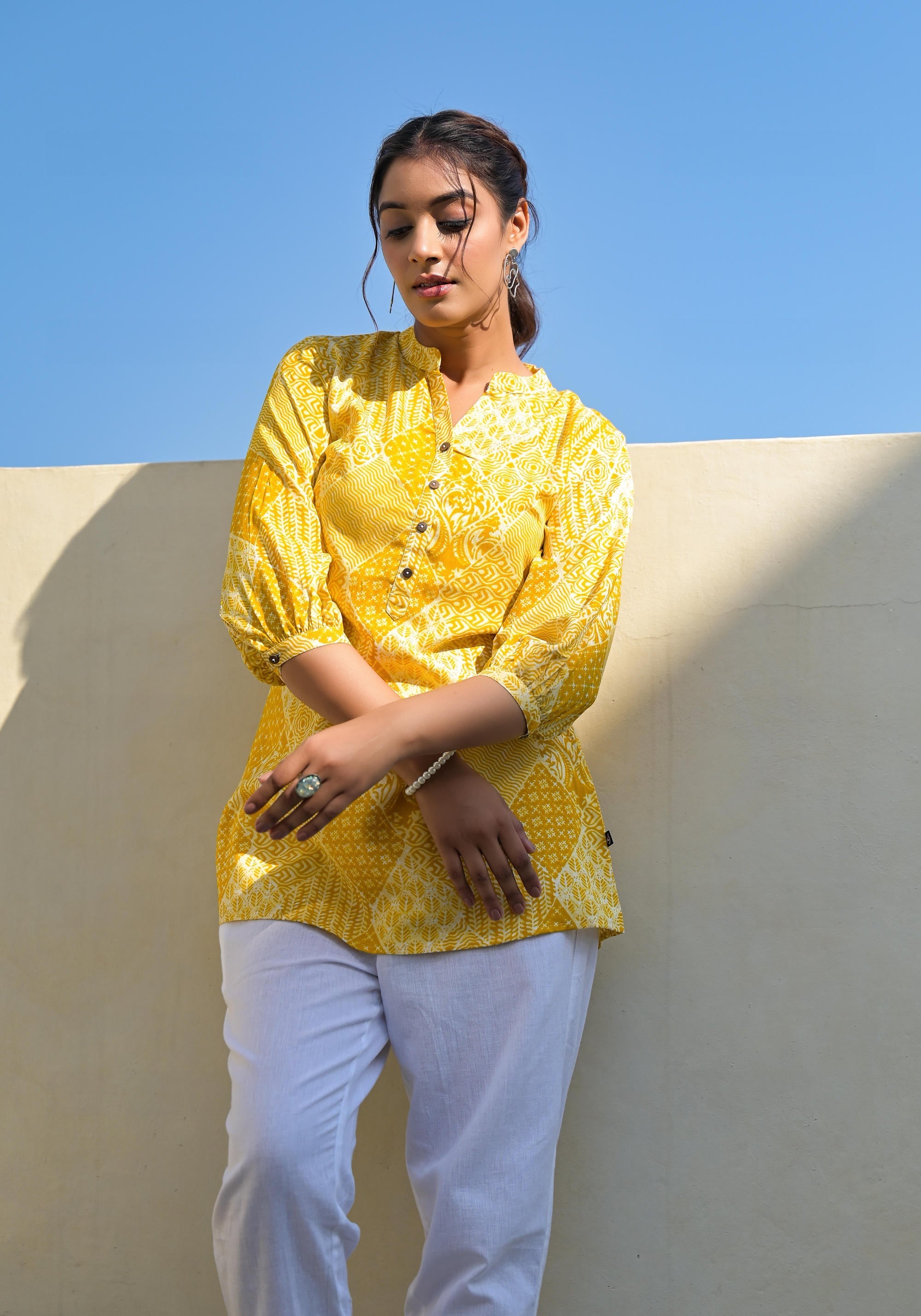 Juniper Mustard Ethnic Motif Printed Tunic With Button | Grocsy