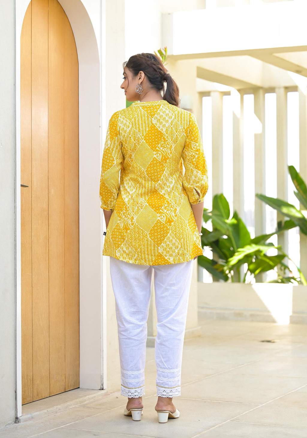 Juniper Mustard Ethnic Motif Printed Tunic With Button | Grocsy