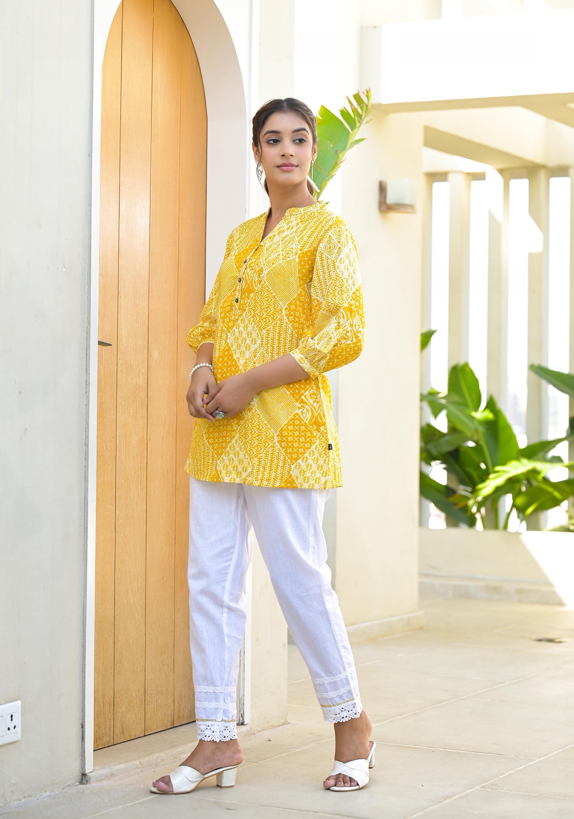 Juniper Mustard Ethnic Motif Printed Tunic With Button | Grocsy