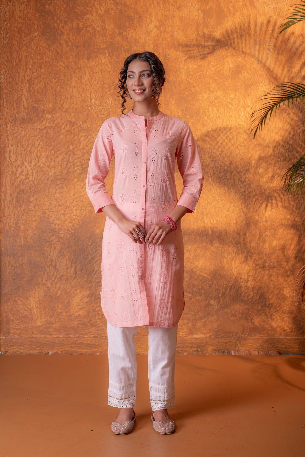 Juniper Peach Chikankari Kurta | Grocsy