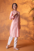 Juniper Peach Chikankari Kurta | Grocsy