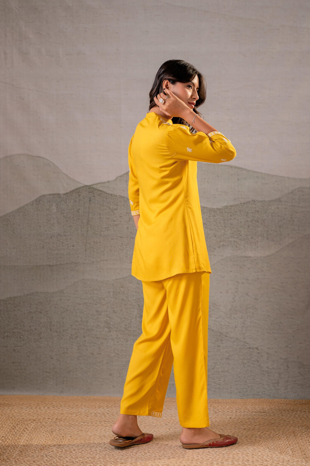 Juniper Sunlit Bloom Mustard Embroidered Co-Ord Set | Grocsy