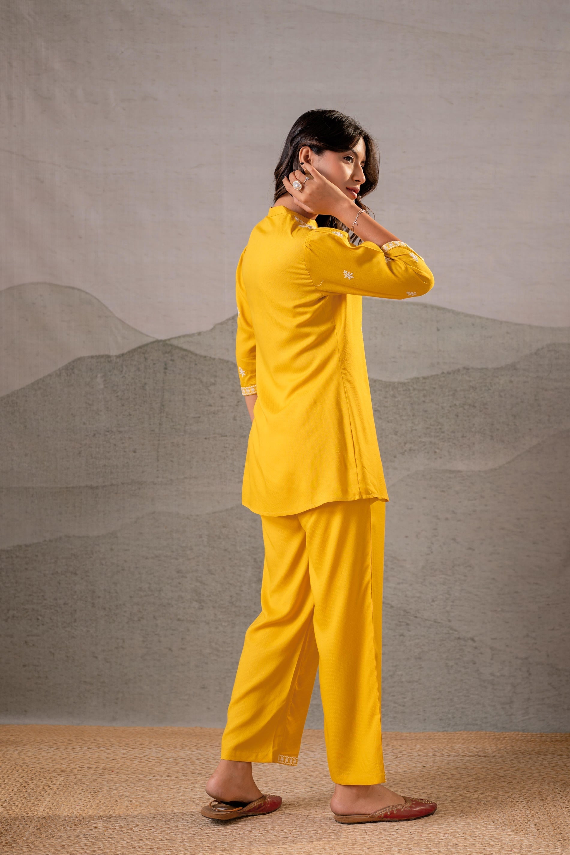 Juniper Sunlit Bloom Mustard Embroidered Co-Ord Set | Grocsy
