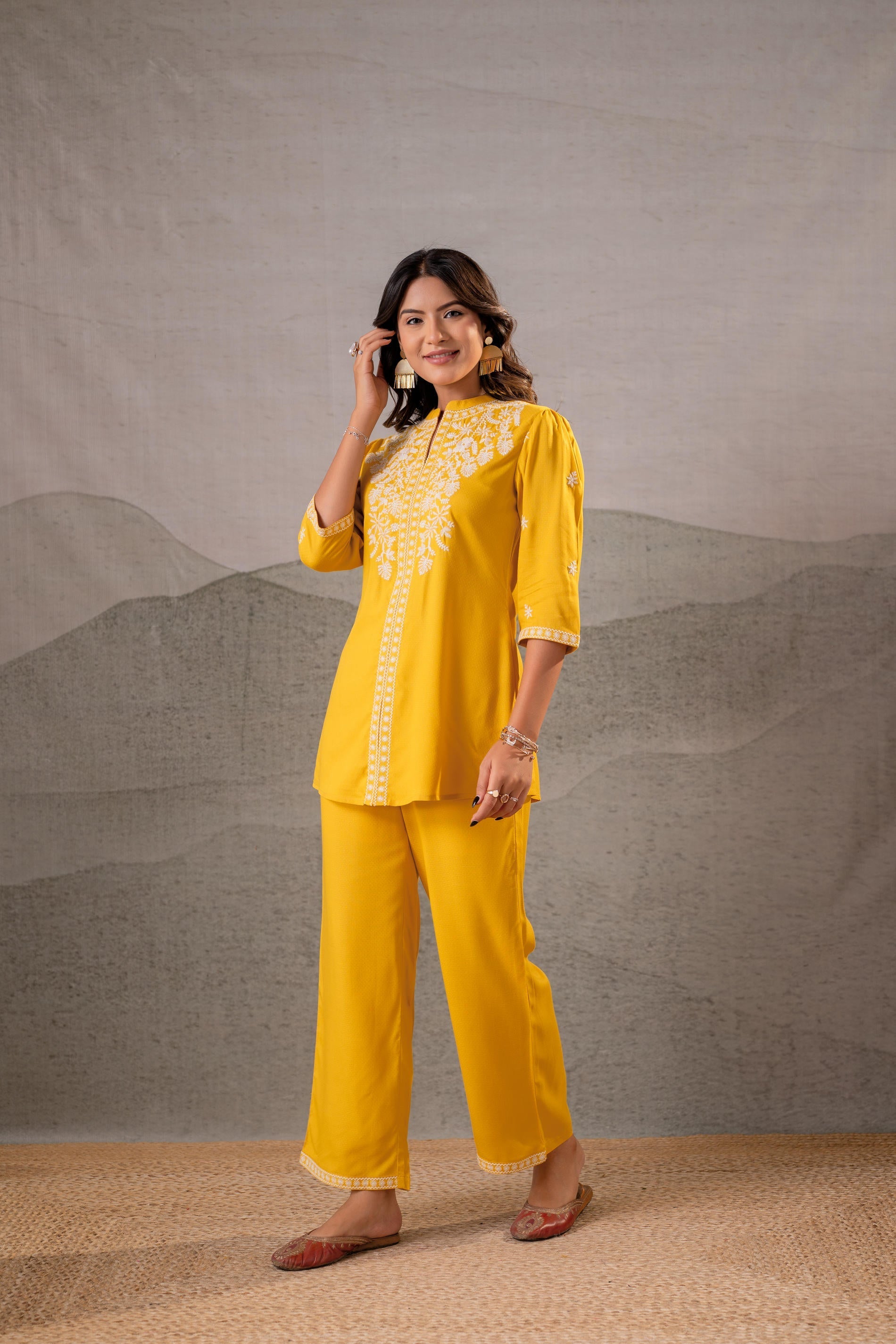 Juniper Sunlit Bloom Mustard Embroidered Co-Ord Set | Grocsy