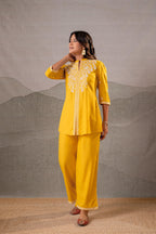 Juniper Sunlit Bloom Mustard Embroidered Co-Ord Set | Grocsy