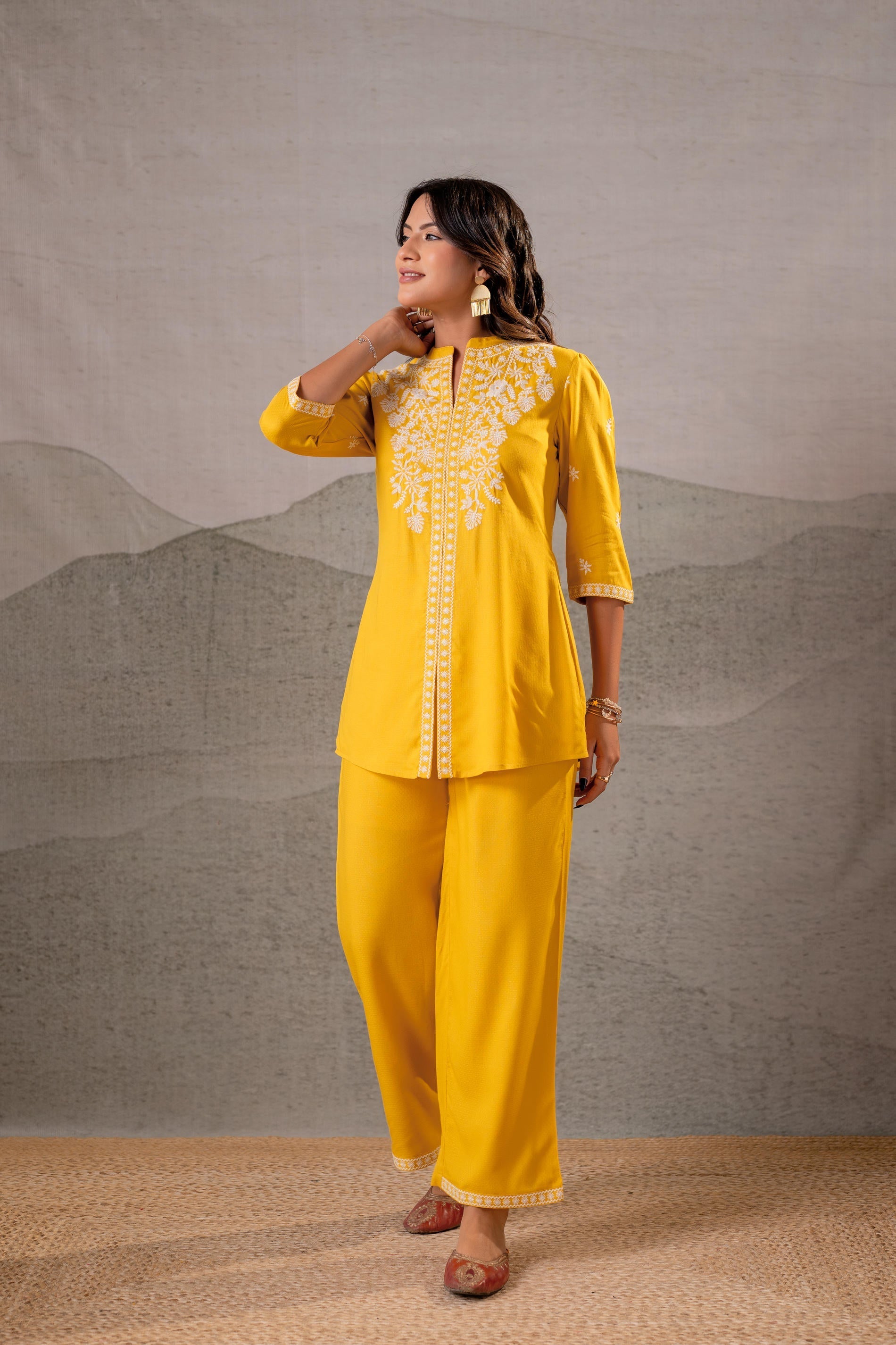 Juniper Sunlit Bloom Mustard Embroidered Co-Ord Set | Grocsy