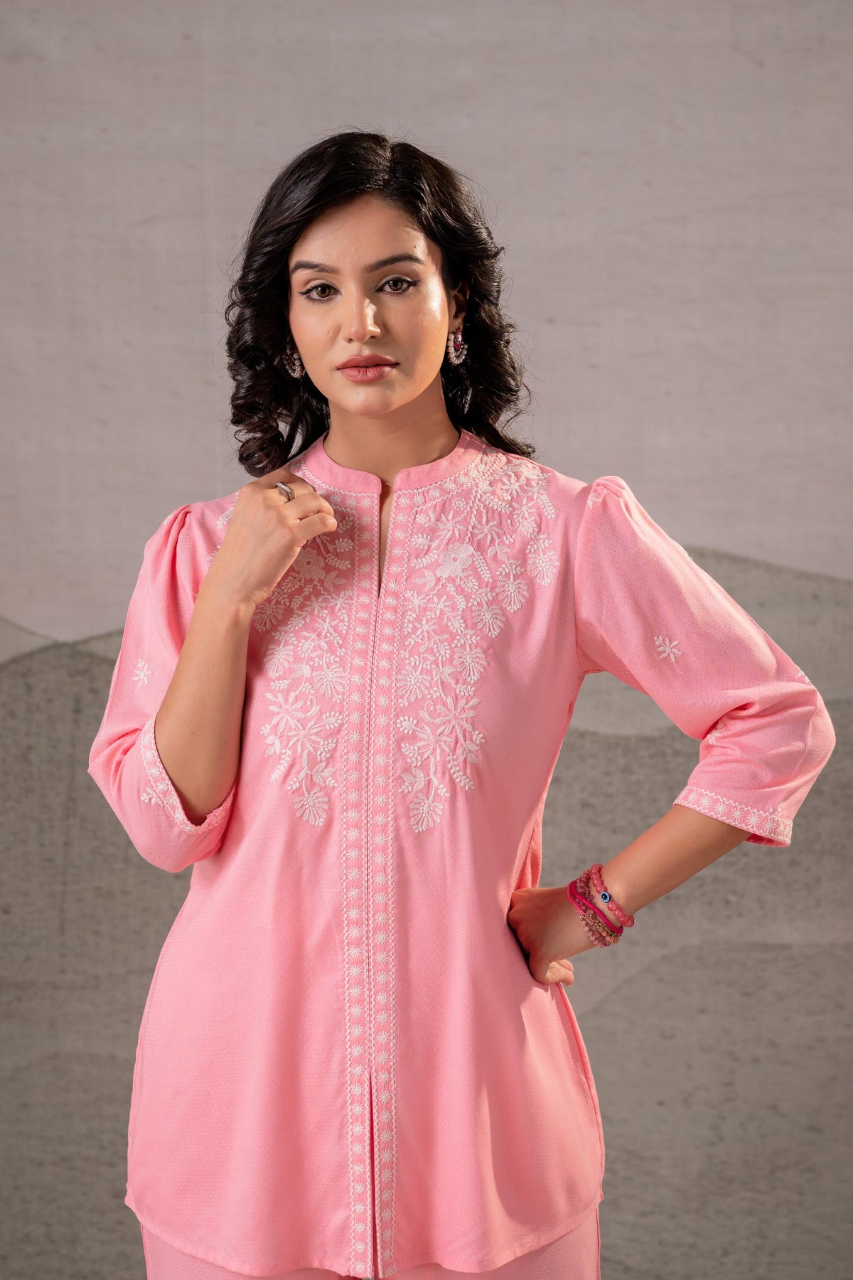 Juniper Peach Bloom Embroidered Co-Ord Set | Grocsy