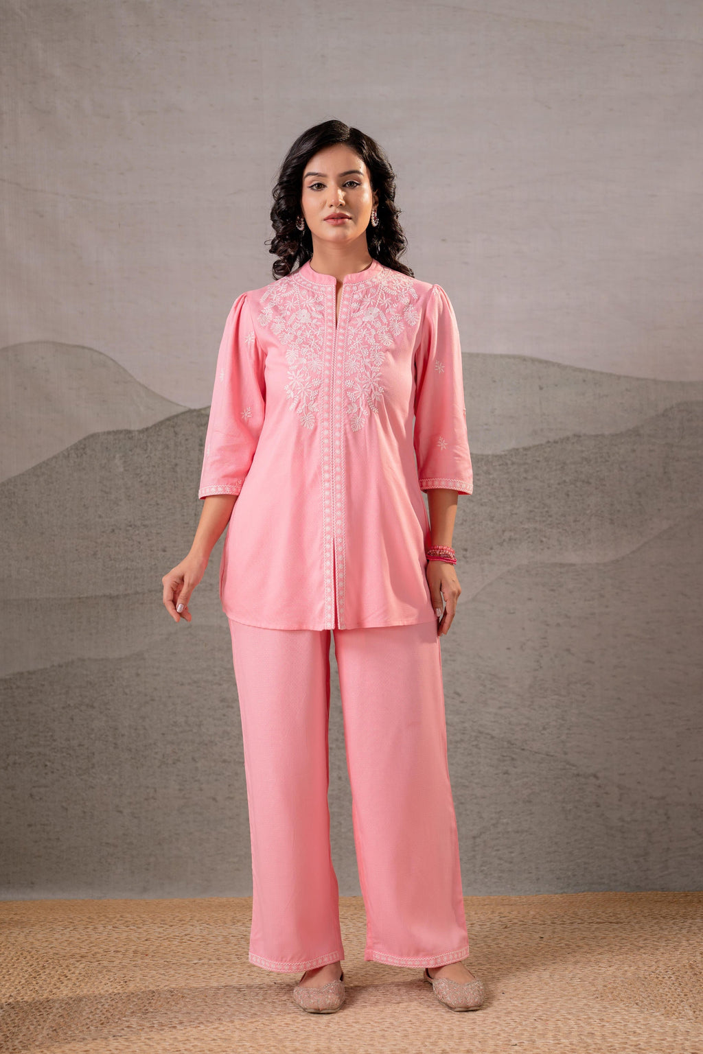 Juniper Peach Bloom Embroidered Co-Ord Set | Grocsy