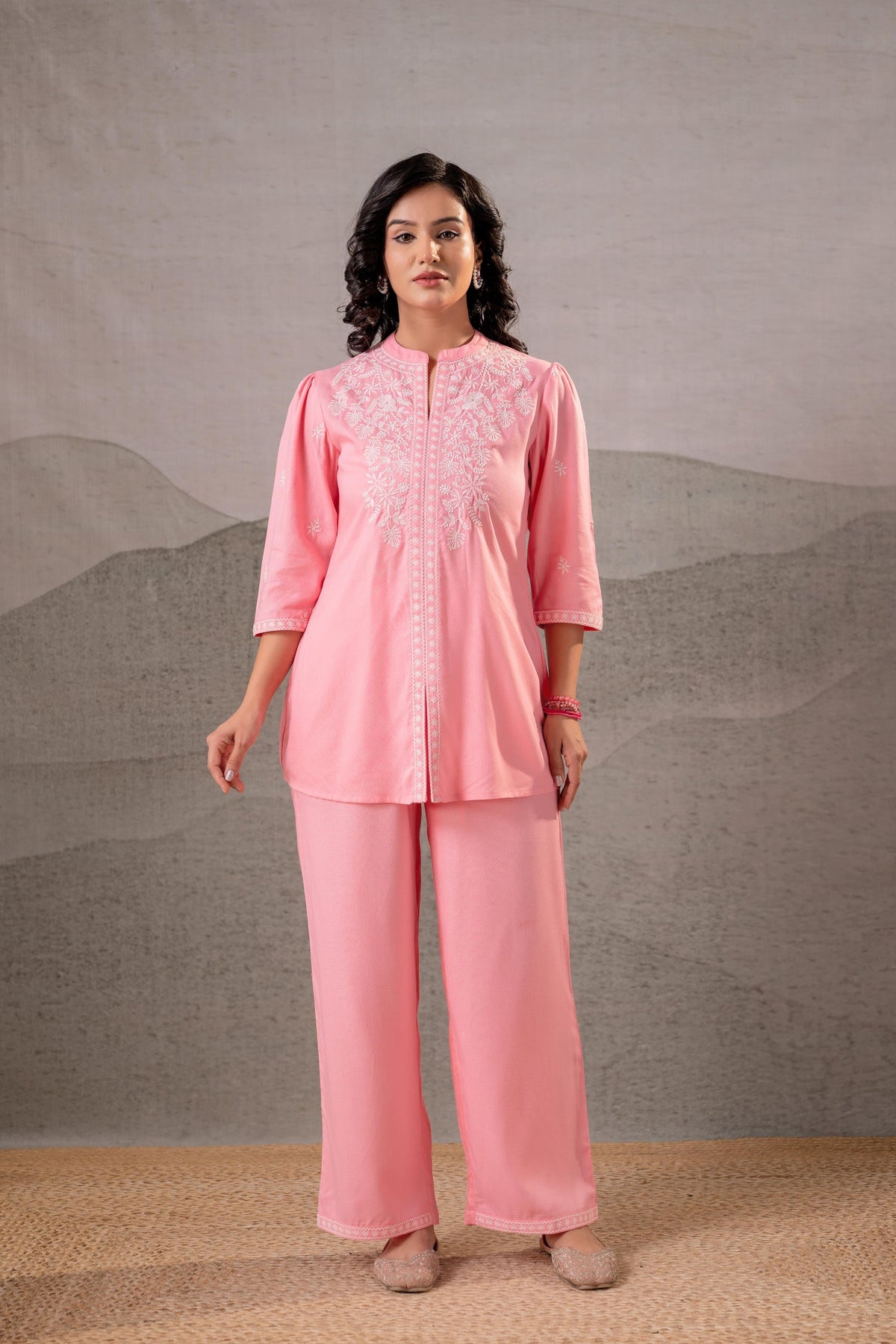 Juniper Peach Bloom Embroidered Co-Ord Set | Grocsy