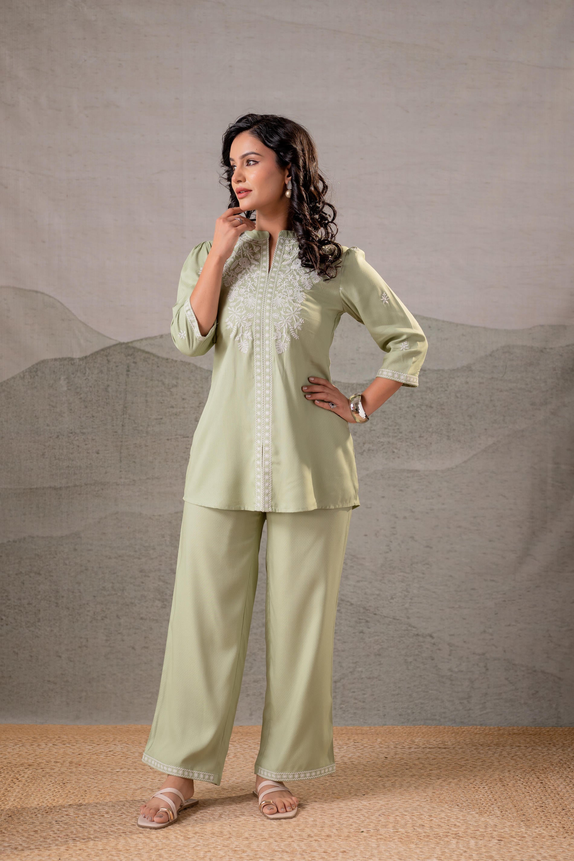 Juniper Pistachio Bloom SageGreen Embroidered Co-Ord Set | Grocsy