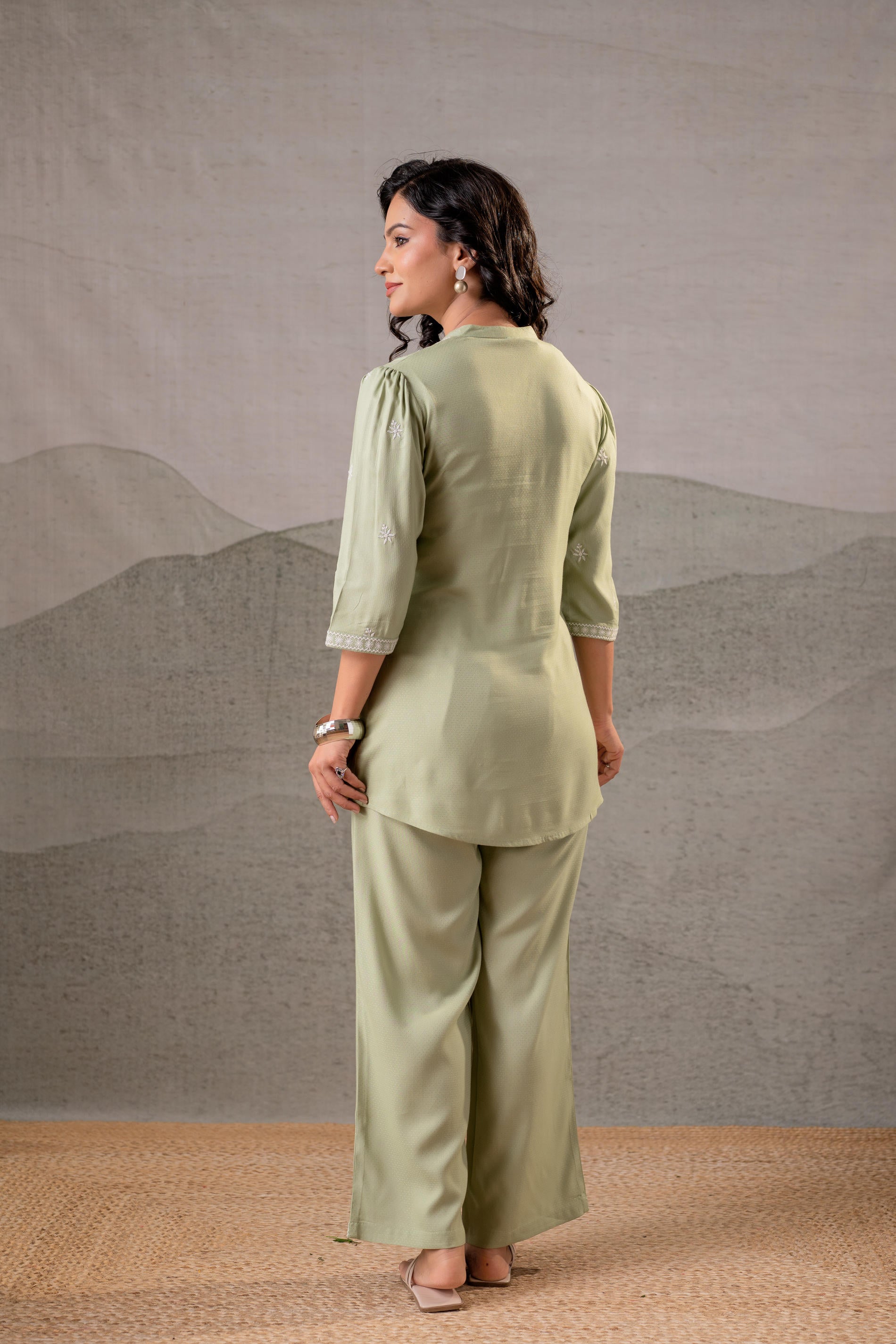 Juniper Pistachio Bloom SageGreen Embroidered Co-Ord Set | Grocsy