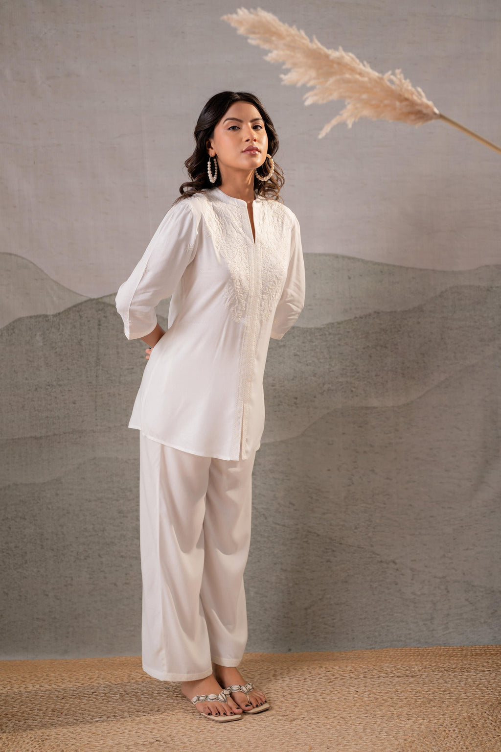 Juniper Cotton Bloom White Embroidered Co-Ord Set | Grocsy