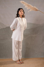 Juniper Cotton Bloom White Embroidered Co-Ord Set | Grocsy