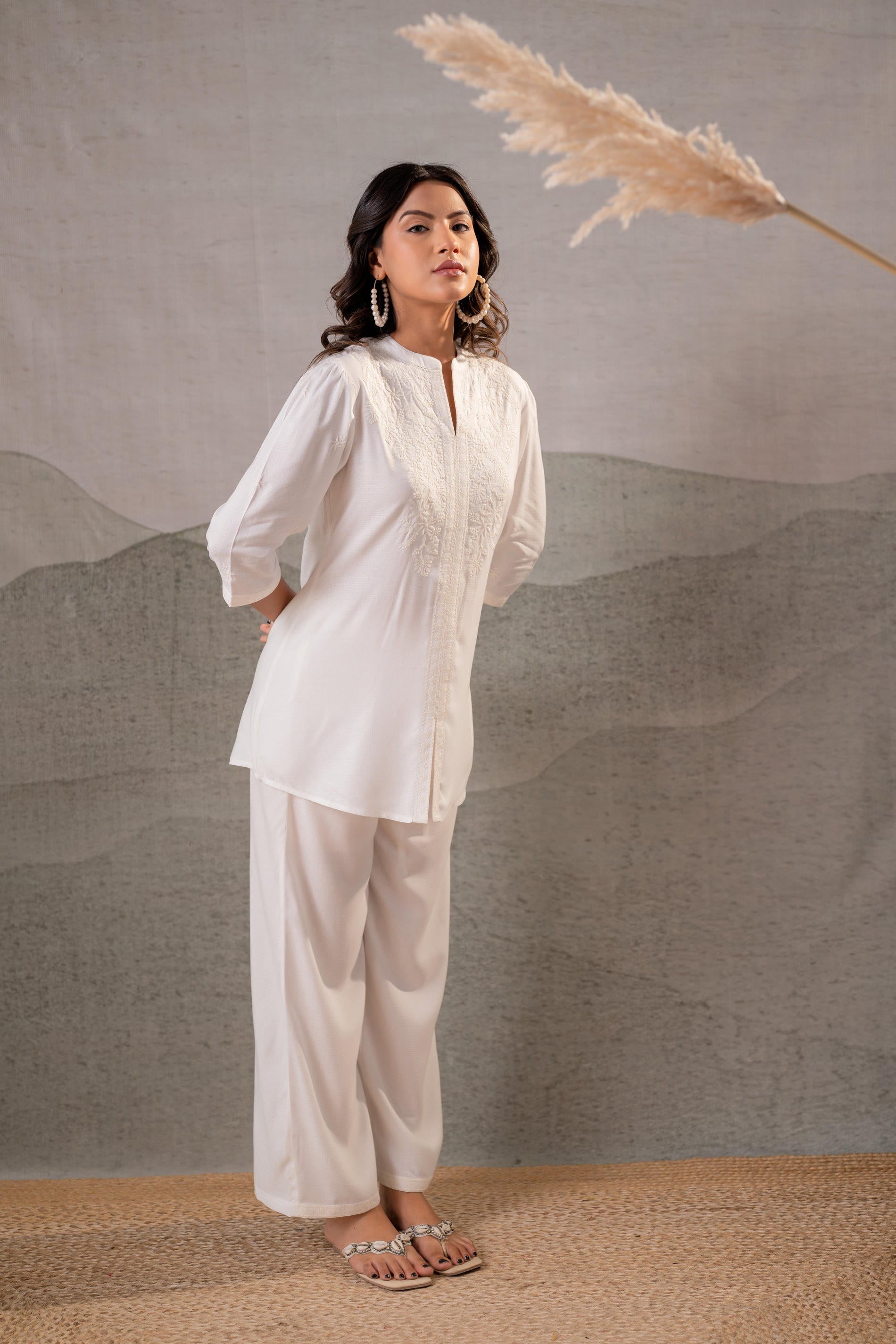 Juniper Cotton Bloom White Embroidered Co-Ord Set | Grocsy