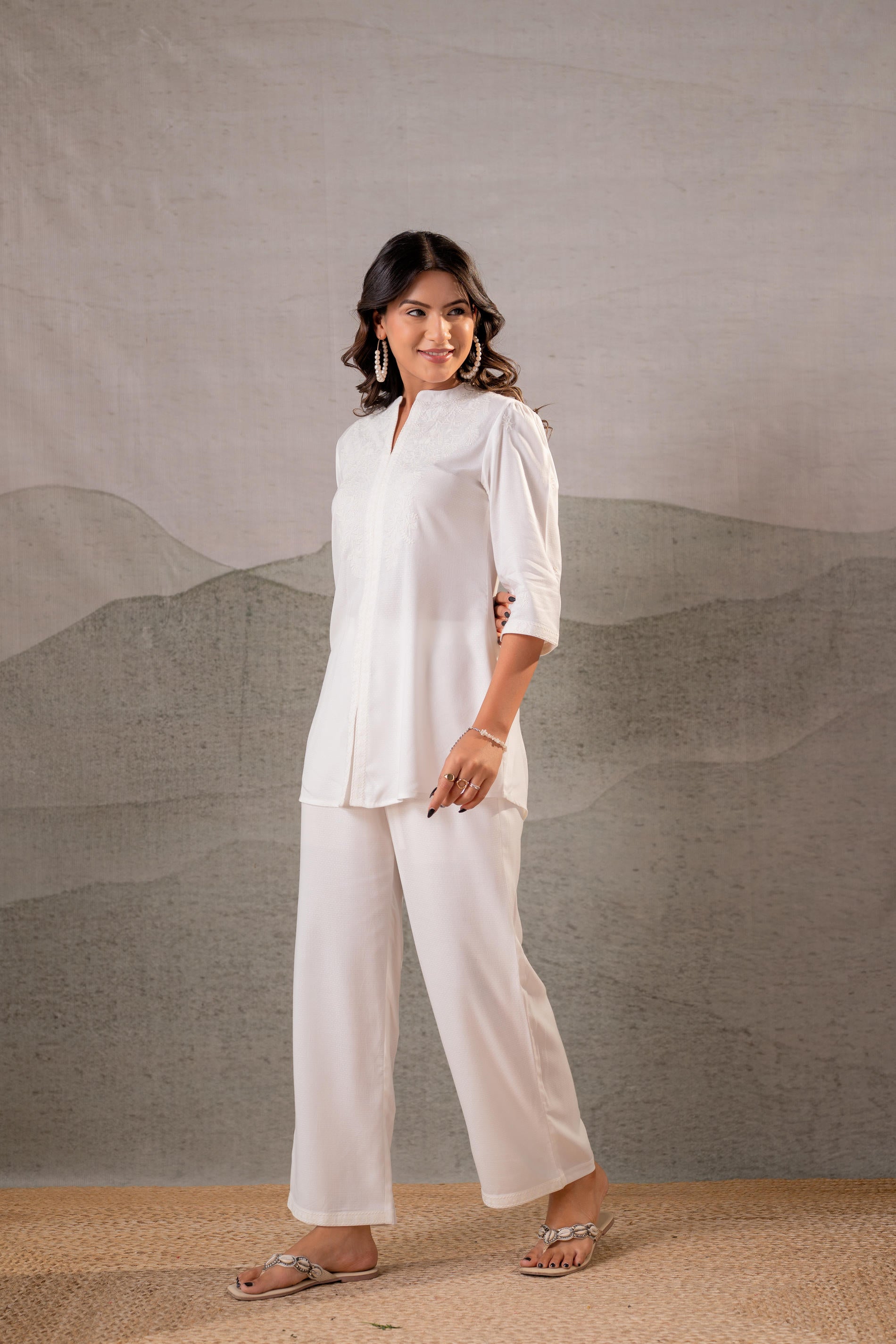 Juniper Cotton Bloom White Embroidered Co-Ord Set | Grocsy