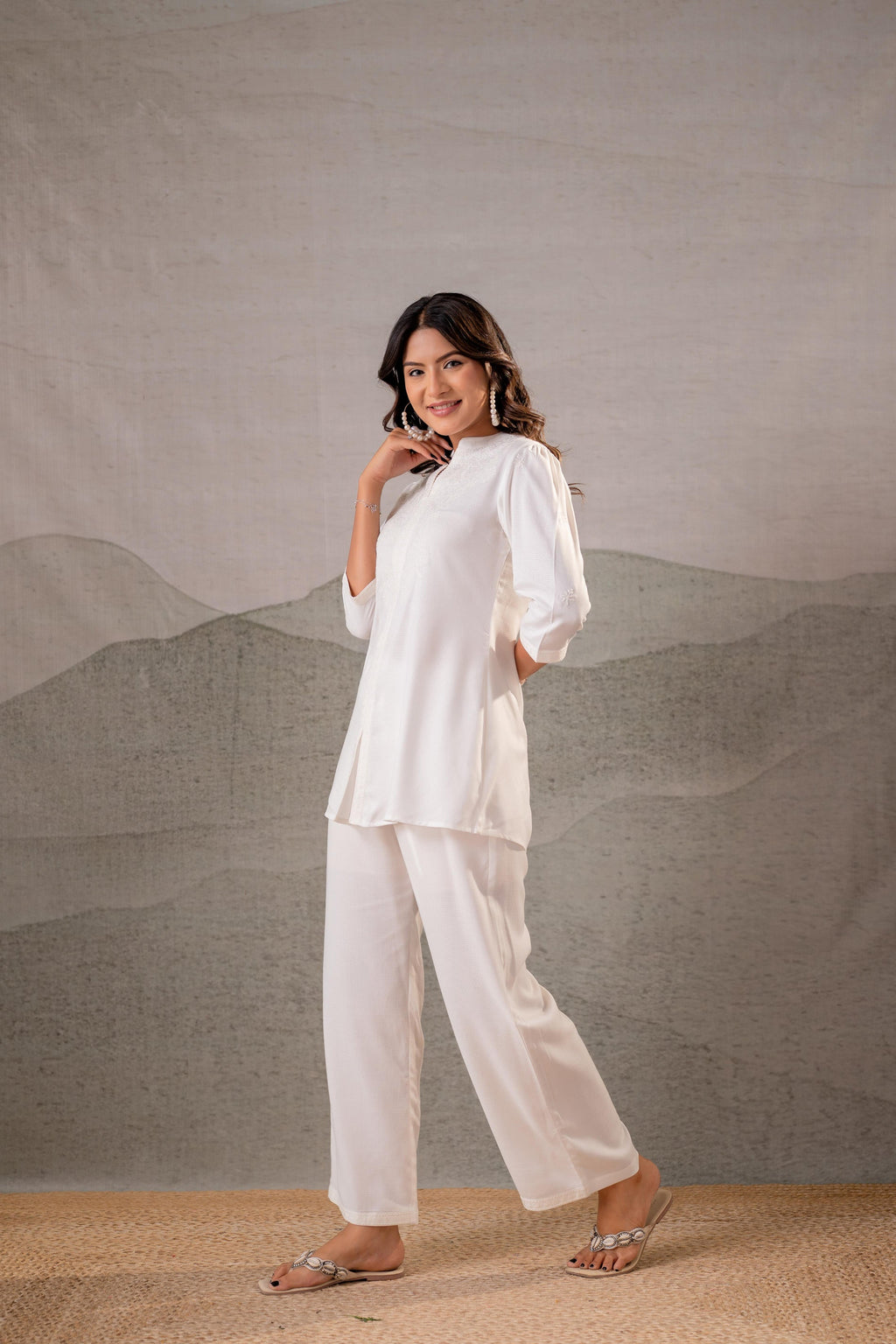 Juniper Cotton Bloom White Embroidered Co-Ord Set | Grocsy