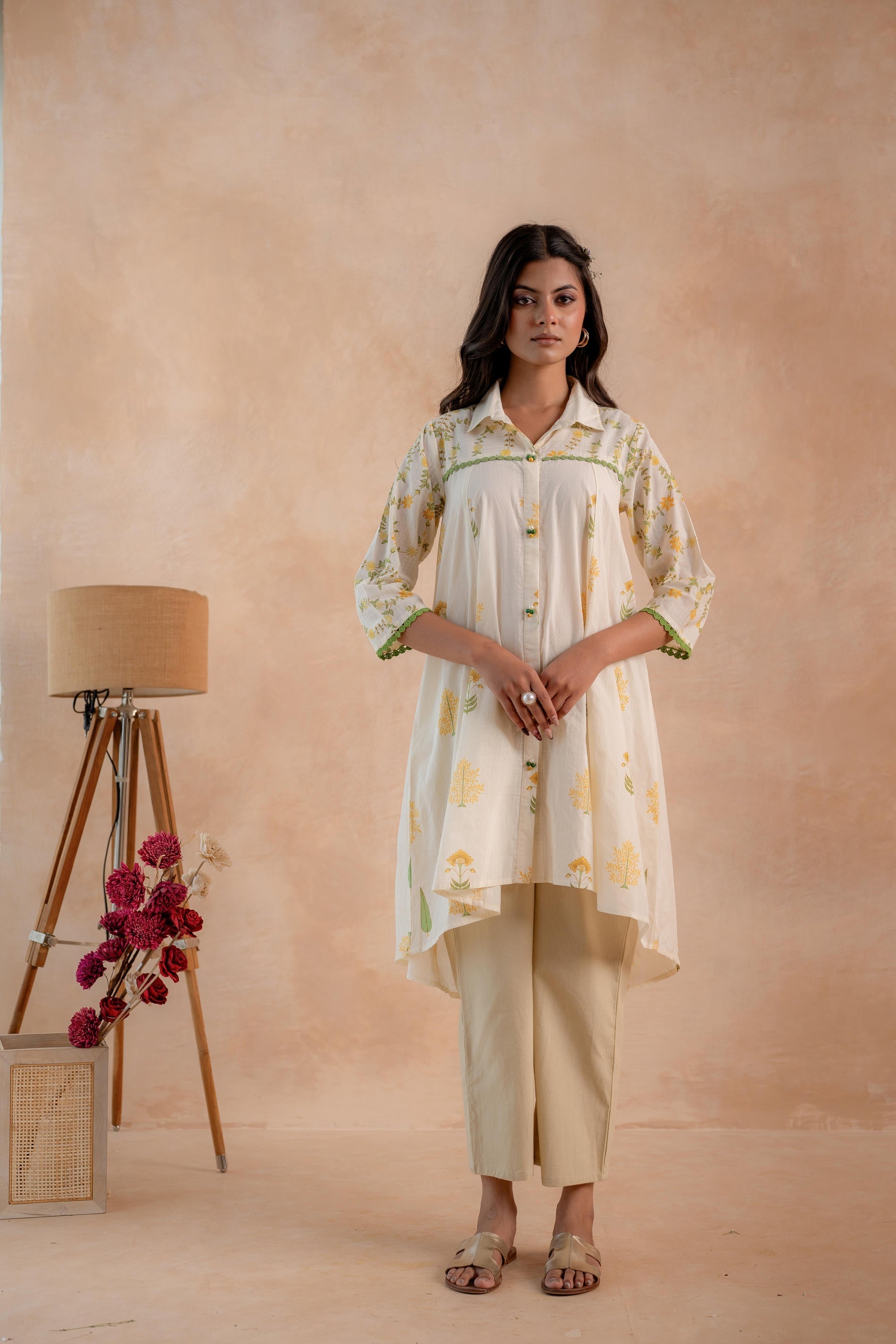 Juniper Off-White Garden Printed A-Line Tunic Kurta | Grocsy