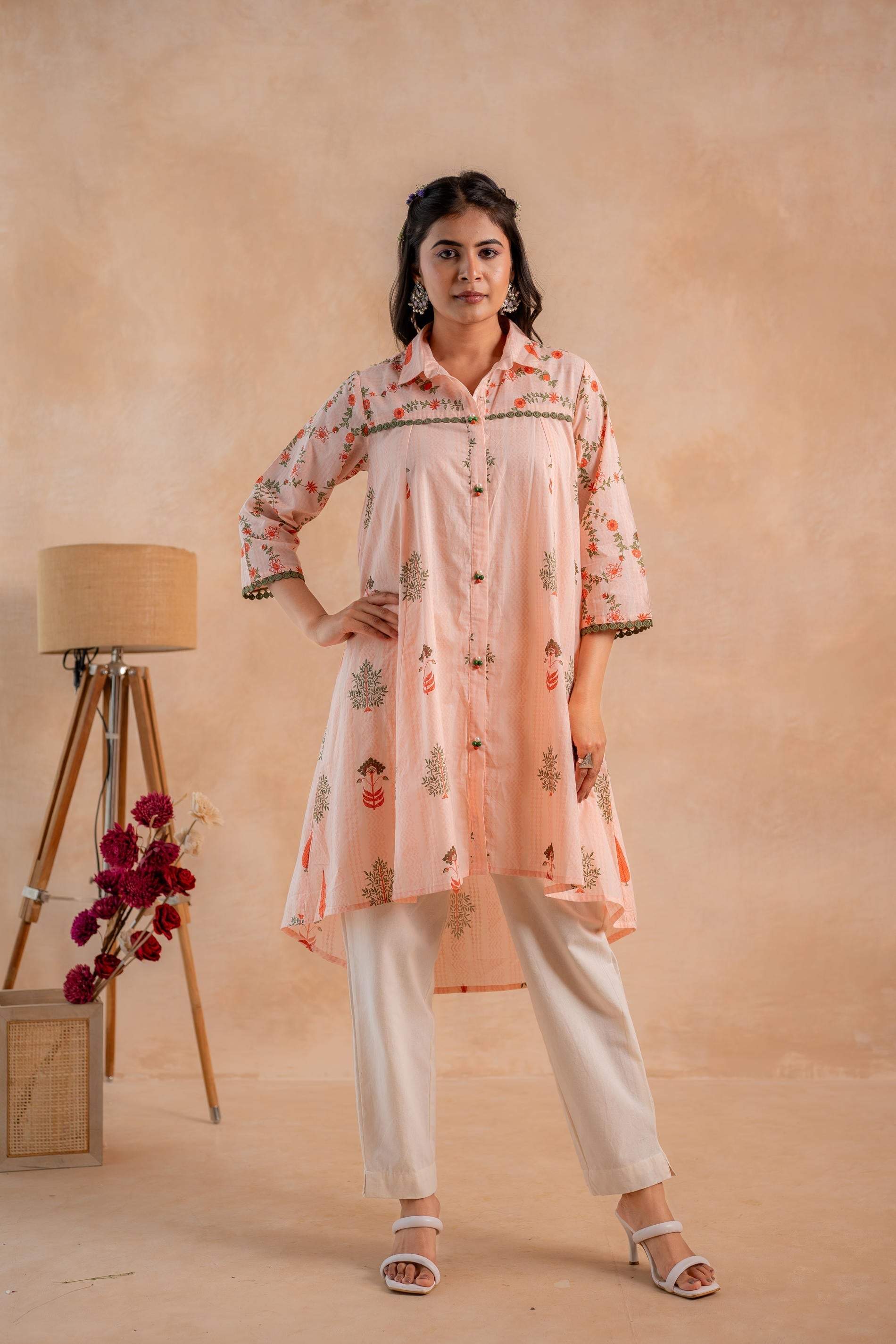 Juniper Blush Peach Garden Printed A-Line Tunic Kurta | Grocsy