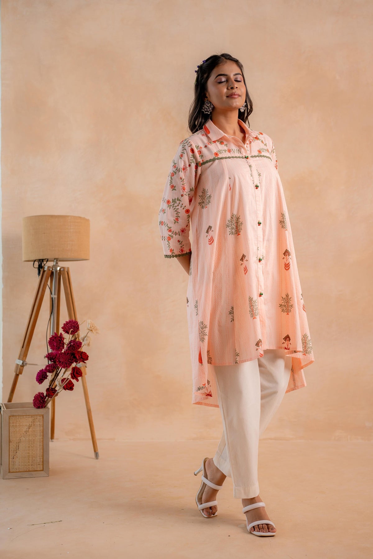 Juniper Blush Peach Garden Printed A-Line Tunic Kurta | Grocsy