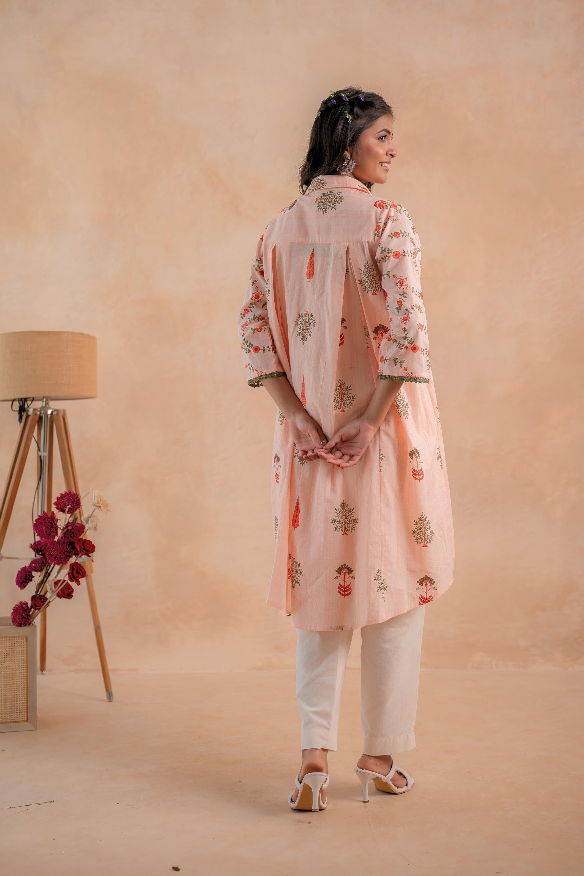 Juniper Blush Peach Garden Printed A-Line Tunic Kurta | Grocsy