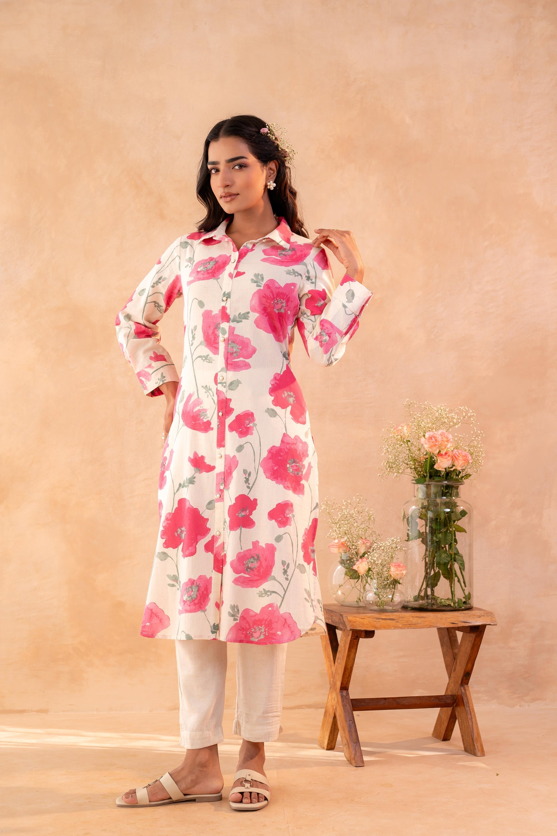 Juniper Ivory Rose Bloom Printed Shirt Tunic | Grocsy