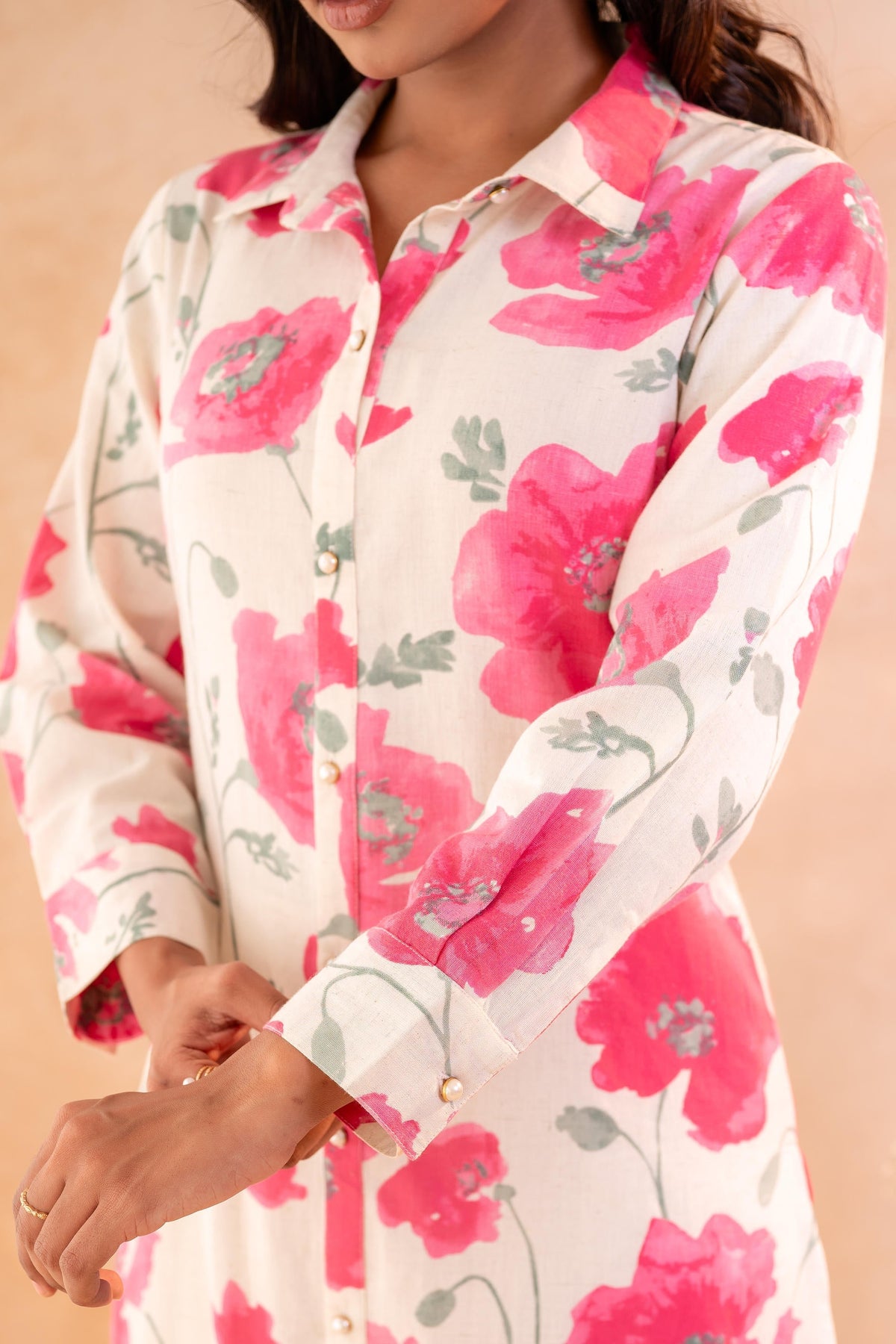 Juniper Ivory Rose Bloom Printed Shirt Tunic | Grocsy