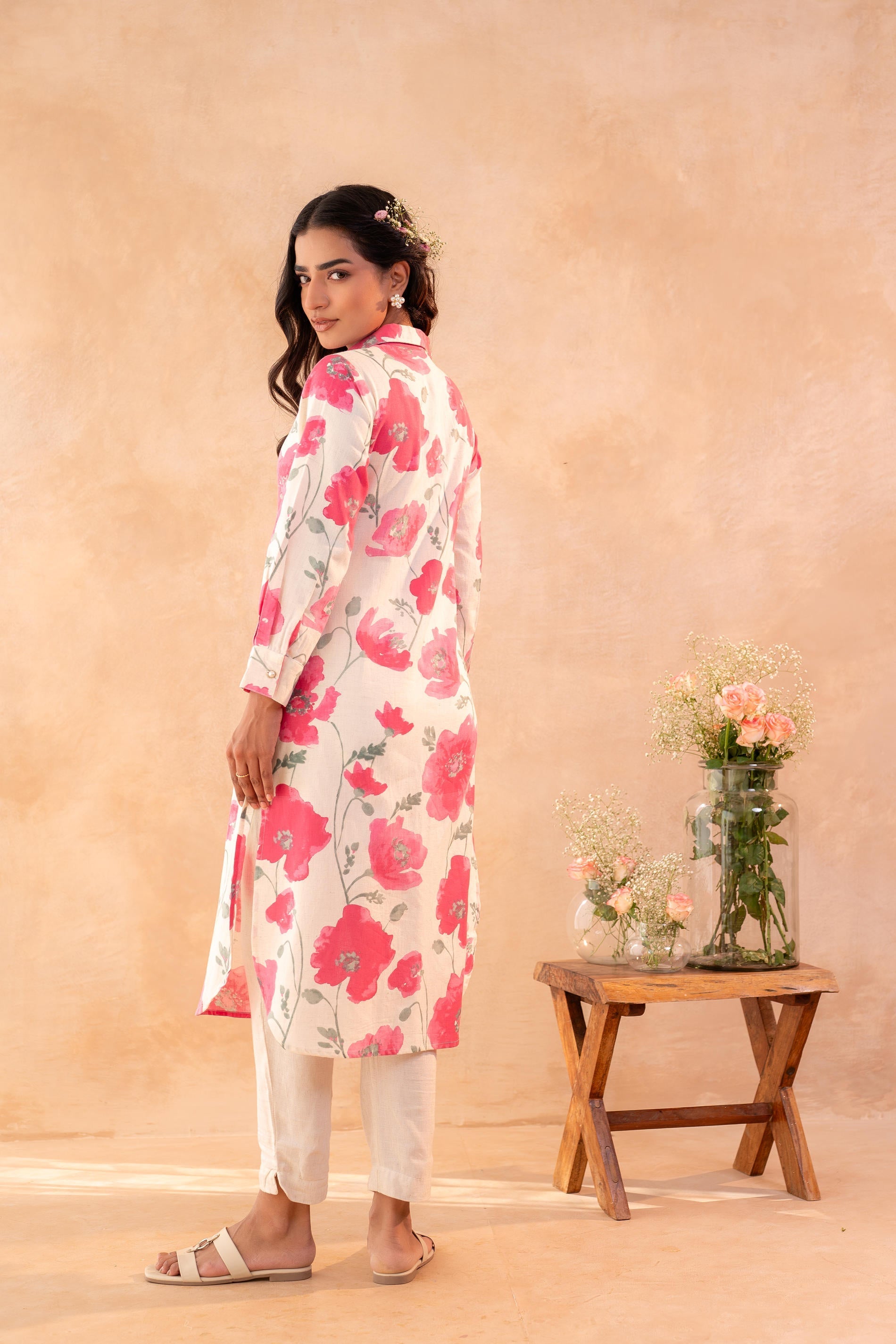 Juniper Ivory Rose Bloom Printed Shirt Tunic | Grocsy