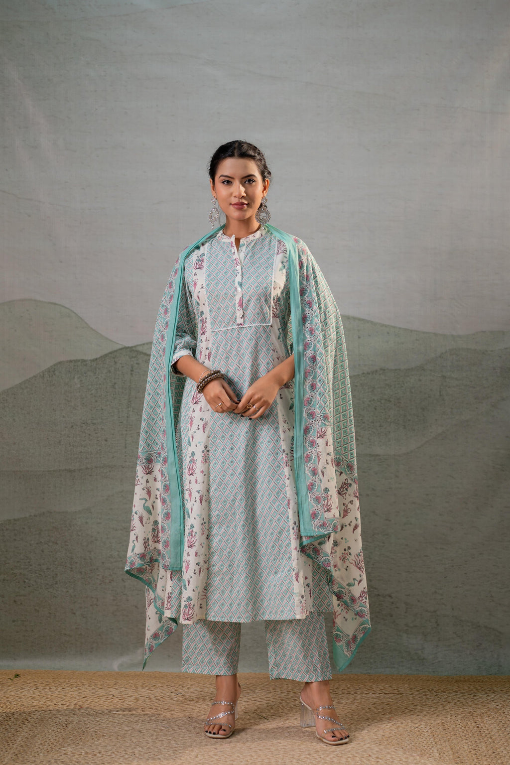 Juniper Mint Garden Harmony Kurta Pant And Dupatta Set | Grocsy
