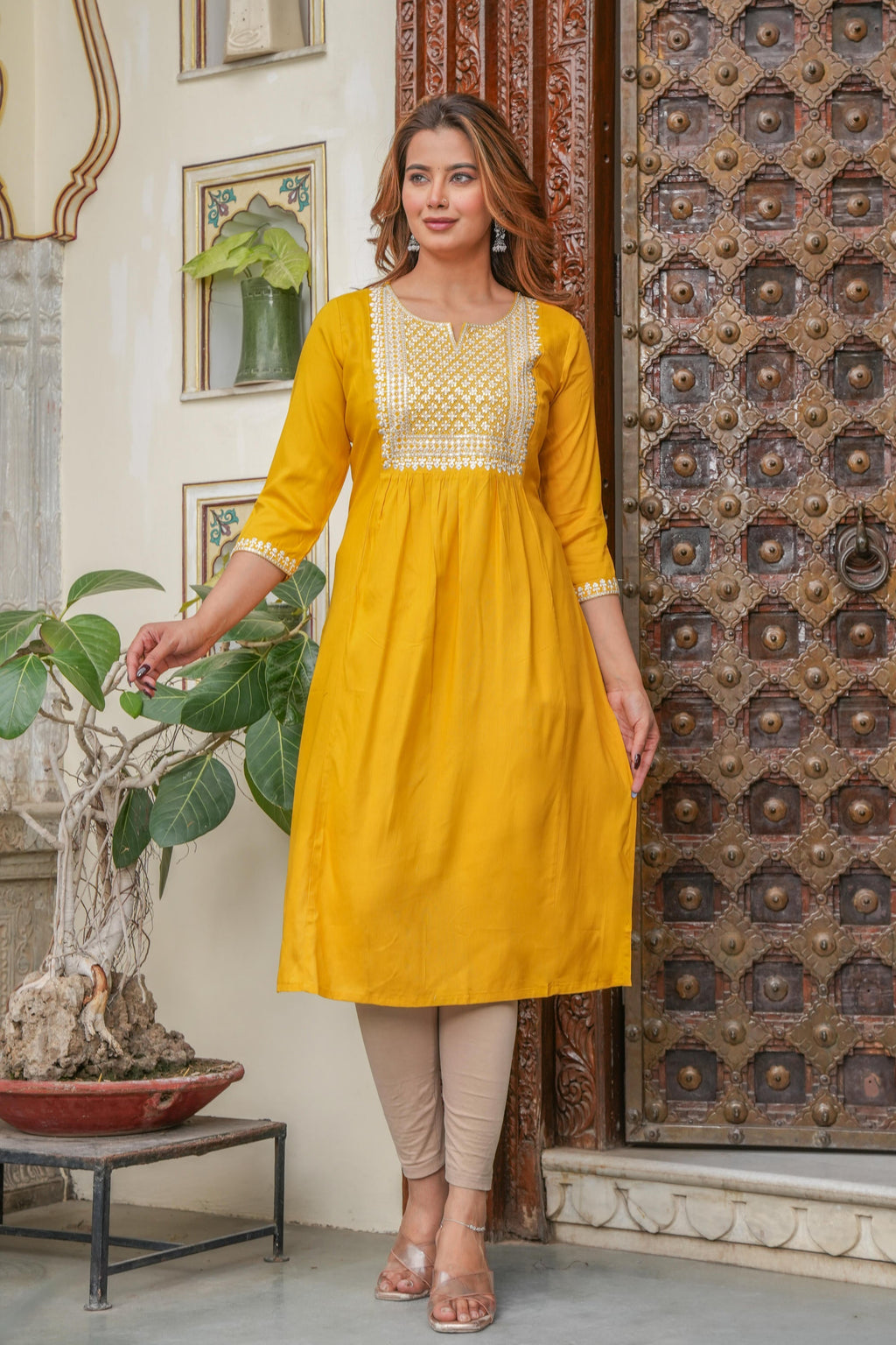 Juniper Mustard Viscose Embroidered Kurta With Thread Work And Sequins | Grocsy
